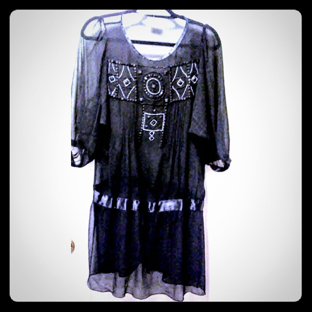 Gorgeous Sheer Beaded Black Chiffon Tunic